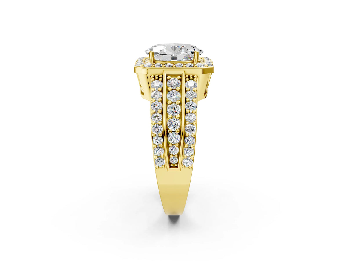 Oval Cut Diamond Halo Engagement Ring in Yellow gold with Triple-Row Round Band