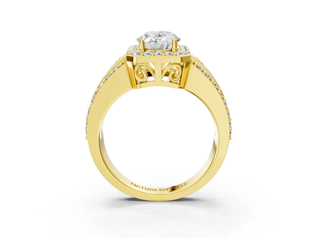 Oval Cut Diamond Halo Engagement Ring in Yellow gold with Triple-Row Round Band