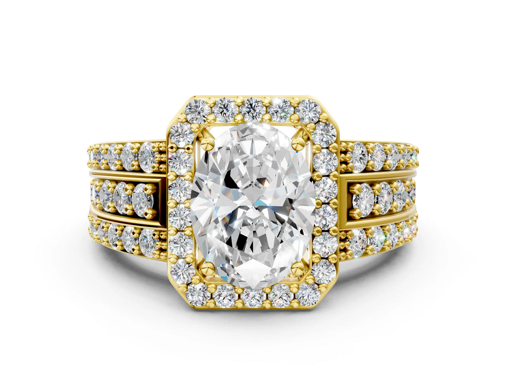 Oval Cut Diamond Halo Engagement Ring in Yellow gold with Triple-Row Round Band