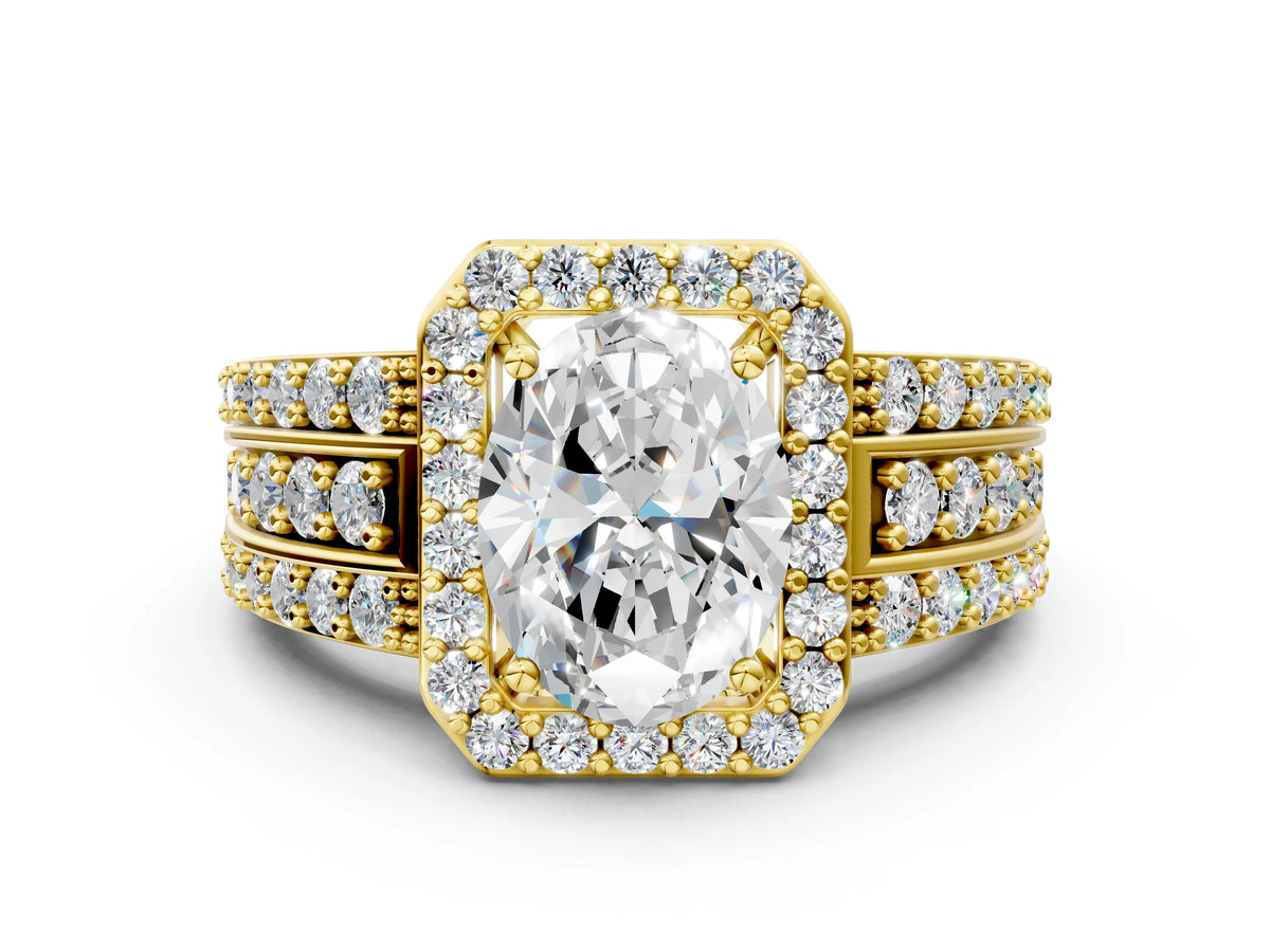 Oval Cut Diamond Halo Engagement Ring in Yellow gold with Triple-Row Round Band