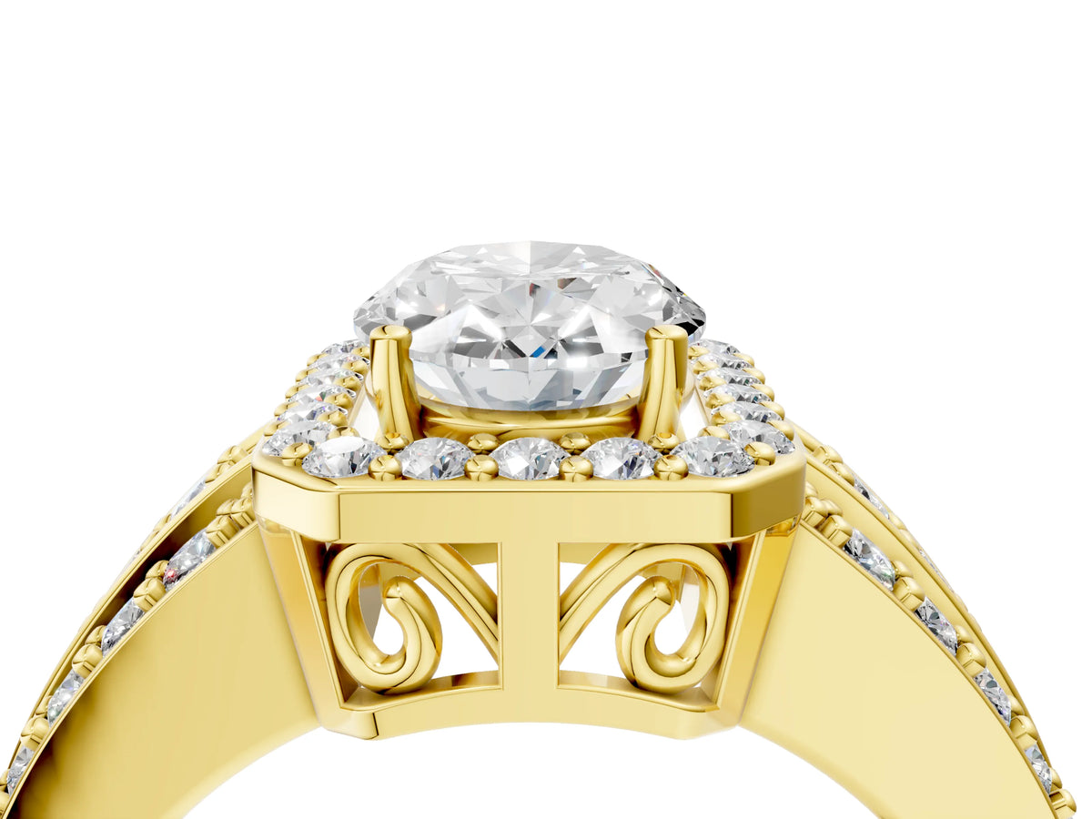 Oval Cut Diamond Halo Engagement Ring in Yellow gold with Triple-Row Round Band