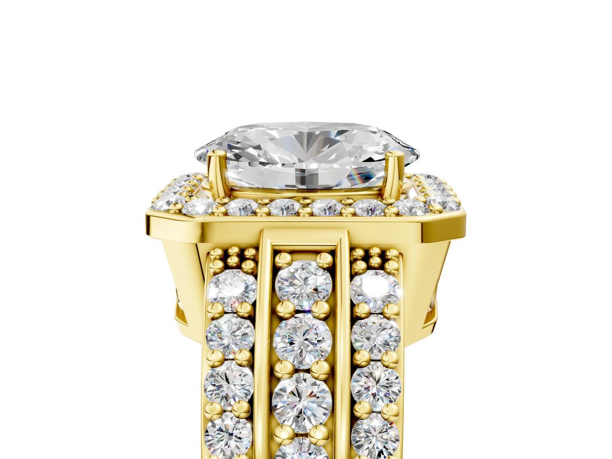 Oval Cut Diamond Halo Engagement Ring in Yellow gold with Triple-Row Round Band