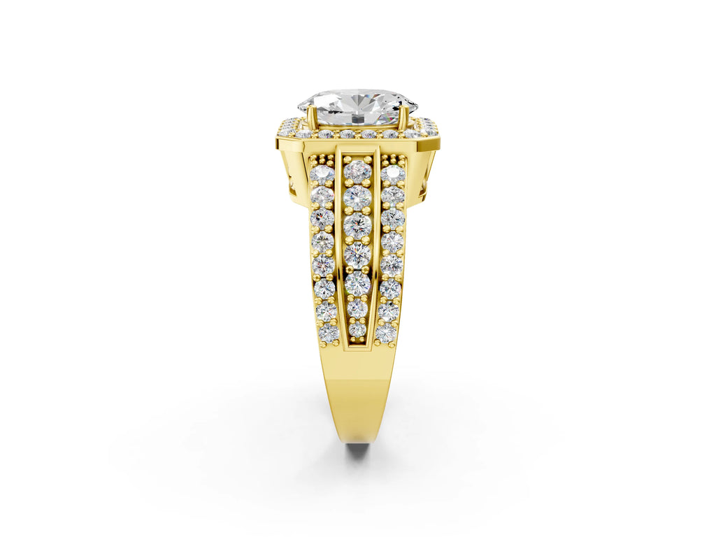 Oval Cut Diamond Halo Engagement Ring in Yellow gold with Triple-Row Round Band