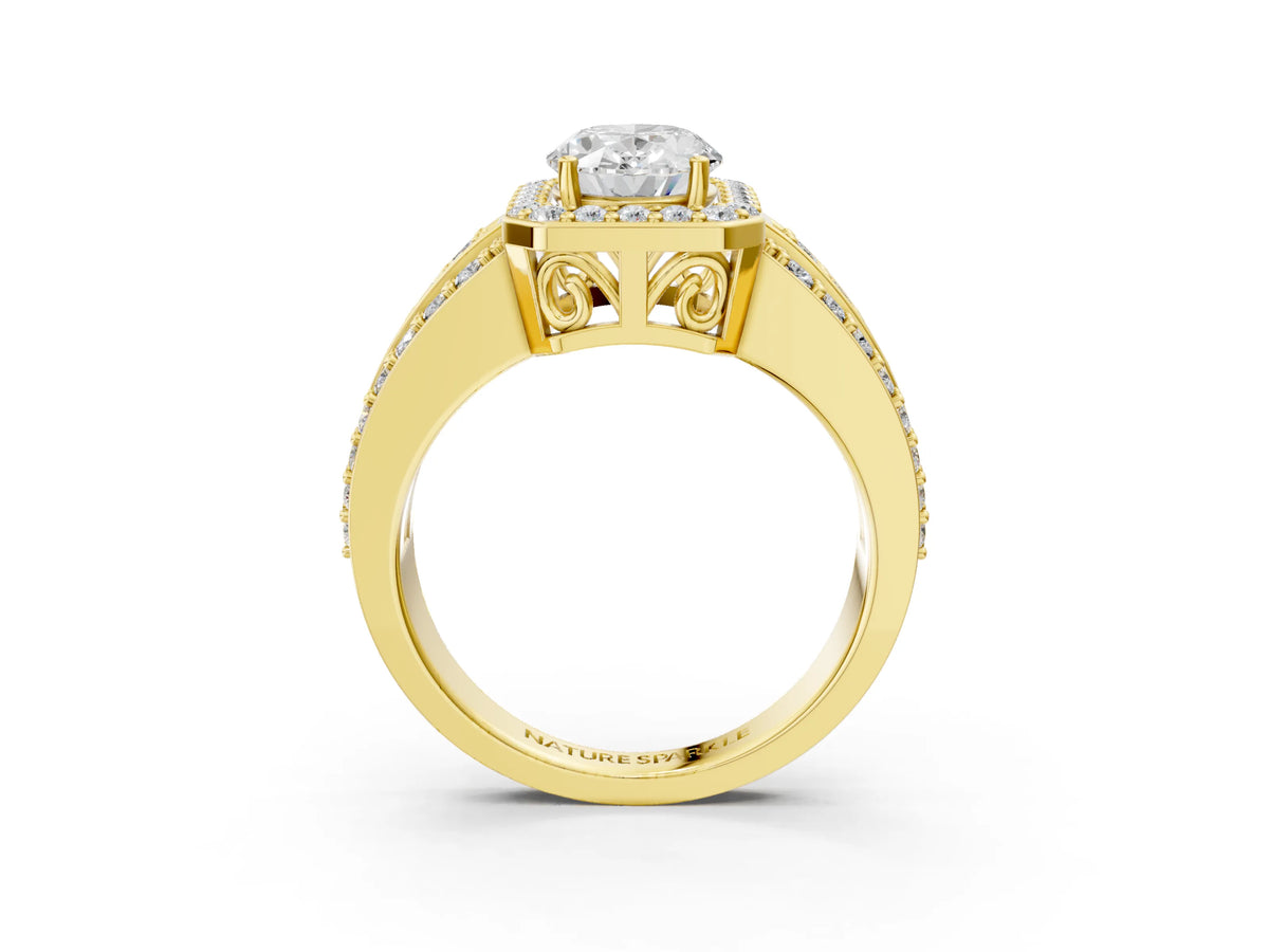 Oval Cut Diamond Halo Engagement Ring in Yellow gold with Triple-Row Round Band
