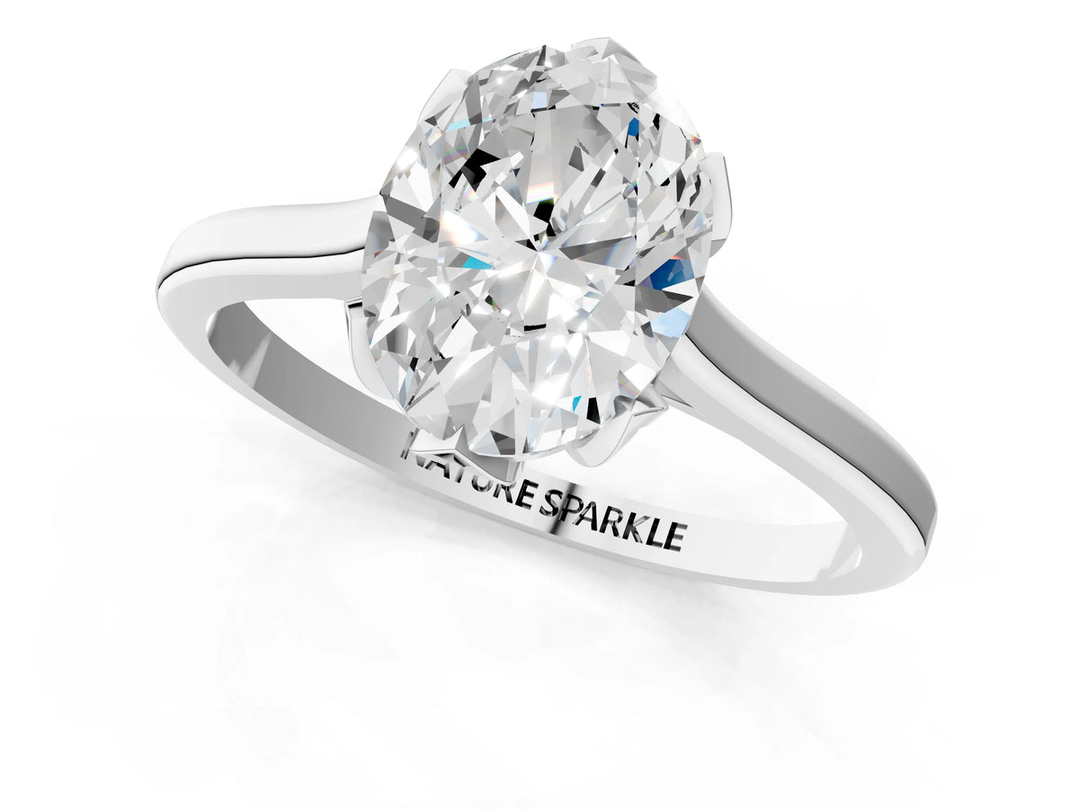 Oval Cut Diamond Solitaire Ring in Silver with Flower Prong Setting