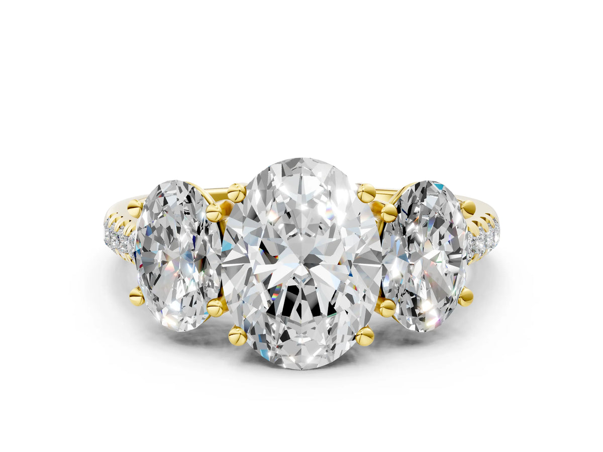 Oval Cut Diamond Trellis Three-Stone Engagement Ring in Yellow gold with Round Side Stones