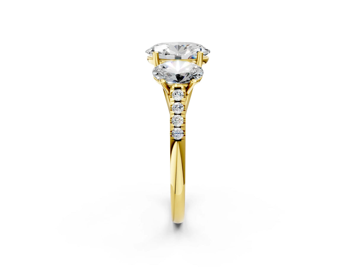 Oval Cut Diamond Trellis Three-Stone Engagement Ring in Yellow gold with Round Side Stones