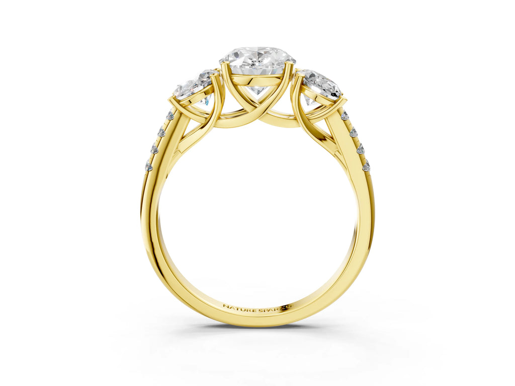 Oval Cut Diamond Trellis Three-Stone Engagement Ring in Yellow gold with Round Side Stones