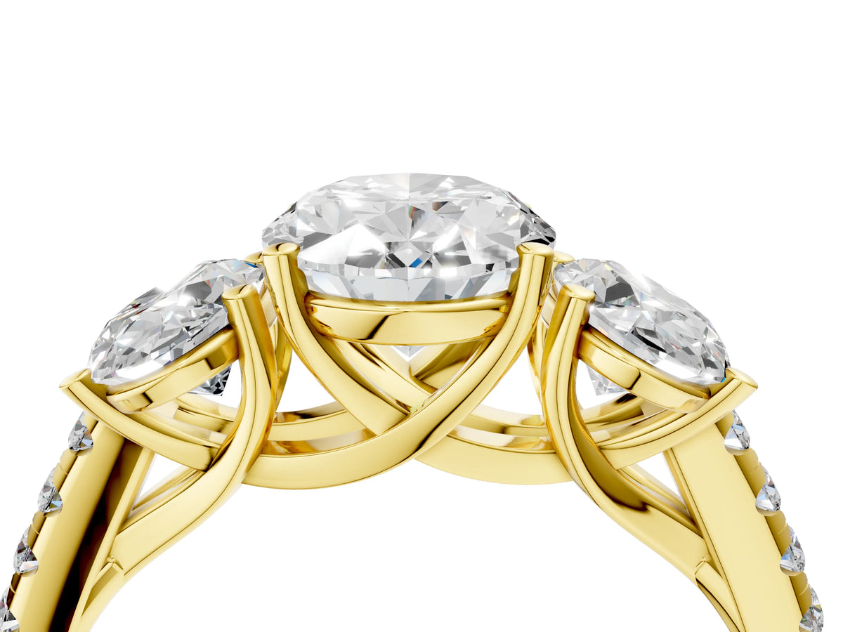 Oval Cut Diamond Trellis Three-Stone Engagement Ring in Yellow gold with Round Side Stones