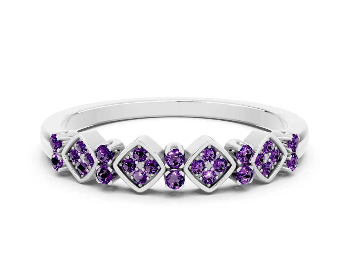 Pavé Cushion Amethyst Cluster Eternity Band in White gold with Prong Setting 