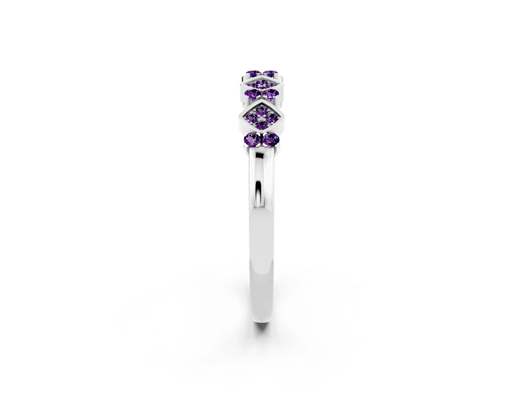 Pavé Cushion Amethyst Cluster Eternity Band in White gold with Prong Setting