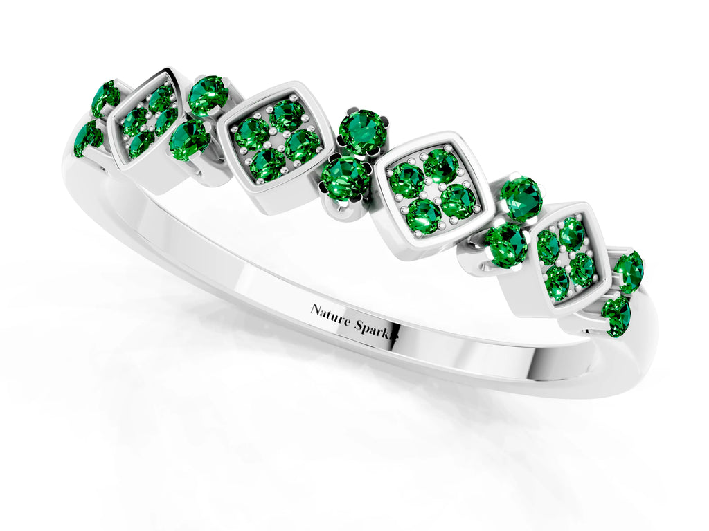 Pavé Cushion Emerald Cluster Eternity Band in Platinum with Prong Setting