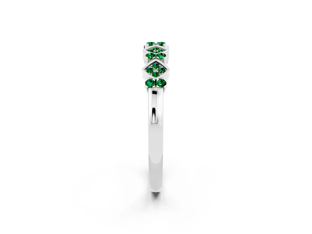 Pavé Cushion Emerald Cluster Eternity Band in Platinum with Prong Setting