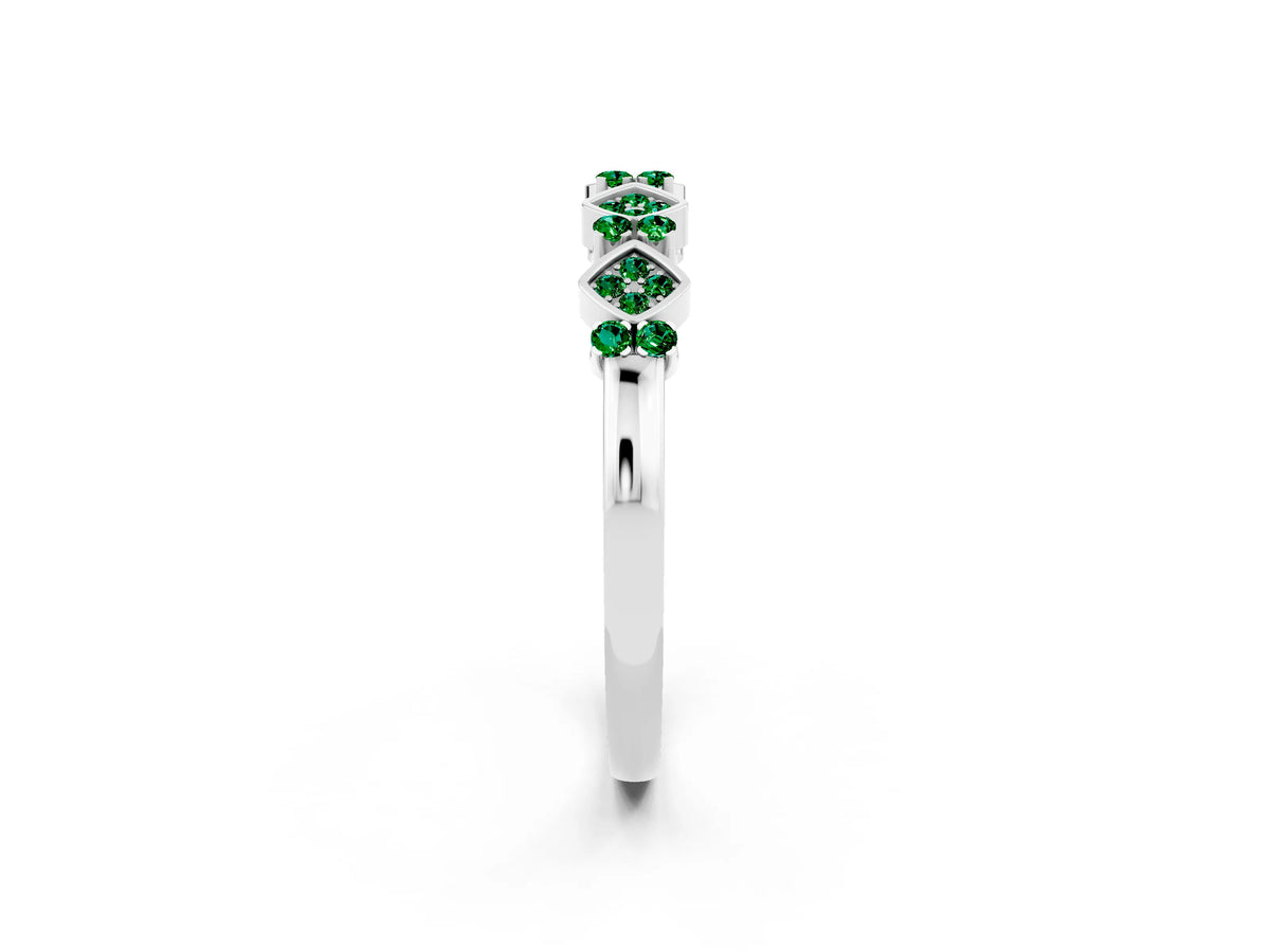 Pavé Cushion Emerald Cluster Eternity Band in Platinum with Prong Setting