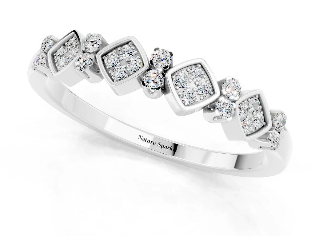 Pavé Cushion Moissanite Cluster Eternity Band in White gold with Prong Setting