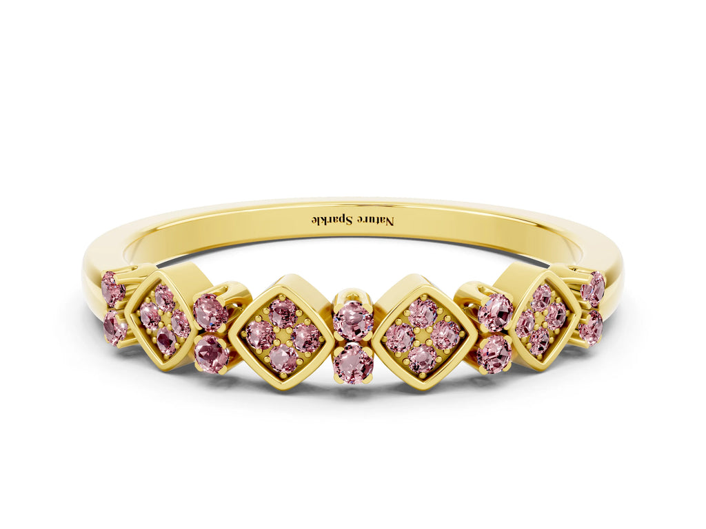 Pavé Cushion Morganite Cluster Eternity Band in Yellow gold with Prong Setting