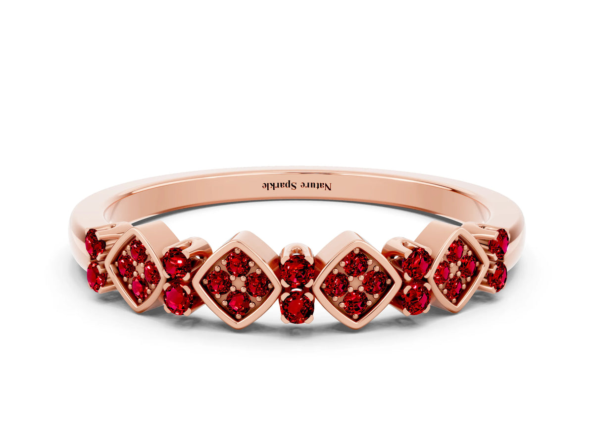 Pavé Cushion Ruby Cluster Eternity Band in Rose gold with Prong Setting