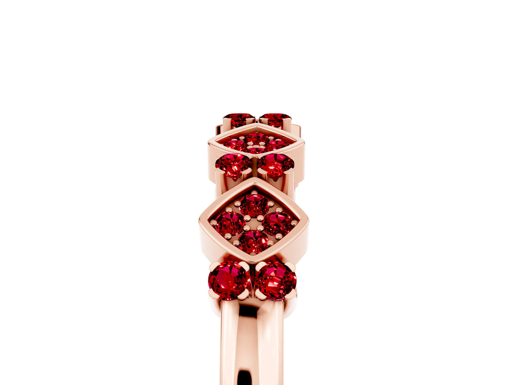 Pavé Cushion Ruby Cluster Eternity Band in Rose gold with Prong Setting