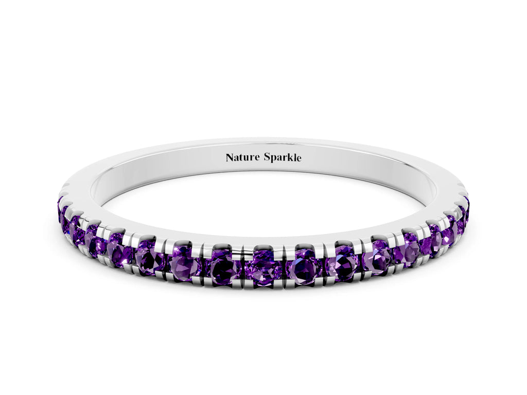 Pavé Round Amethyst Half Eternity Band in Platinum with Shared Prong Setting