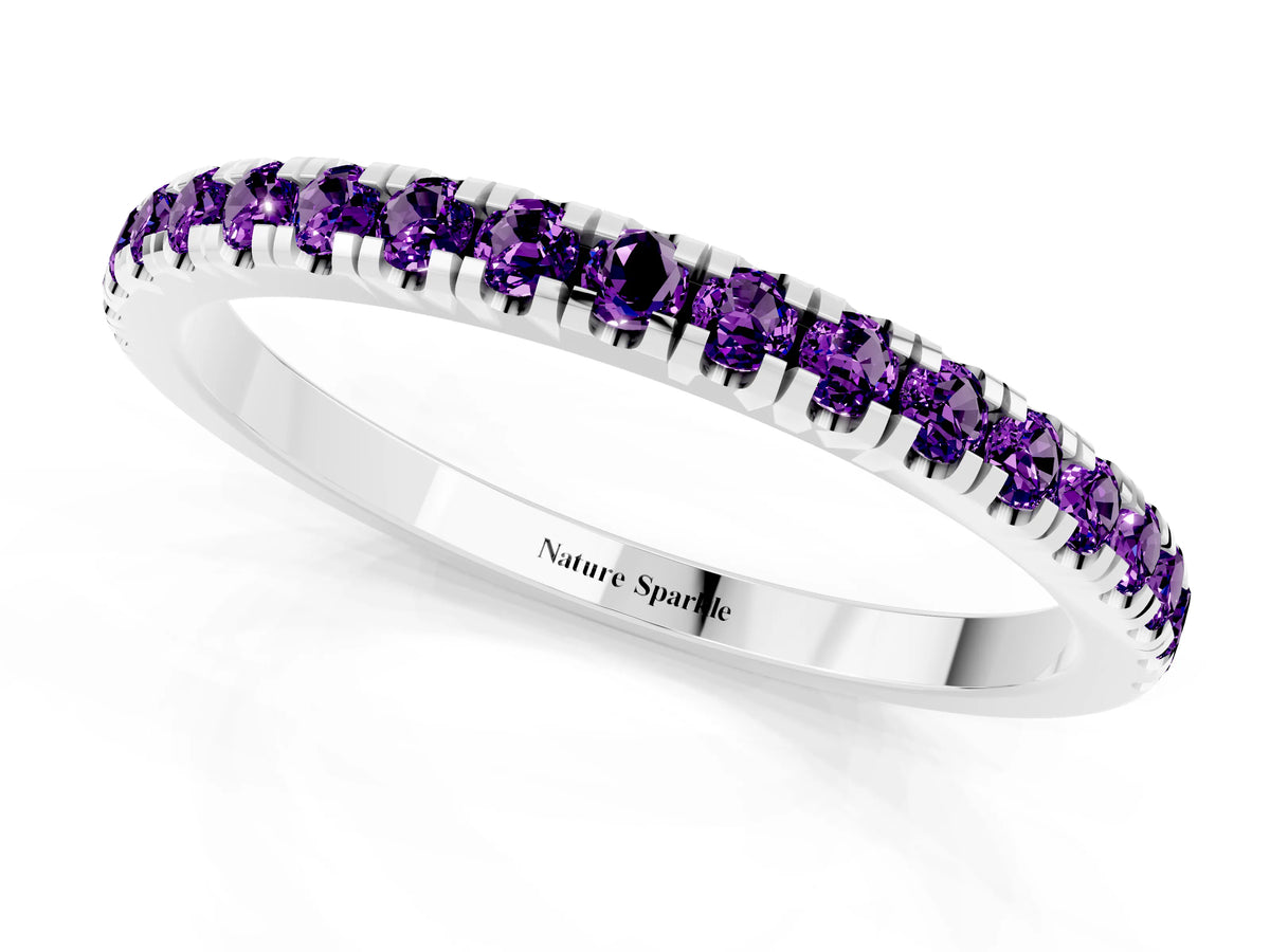 Pavé Round Amethyst Half Eternity Band in Platinum with Shared Prong Setting