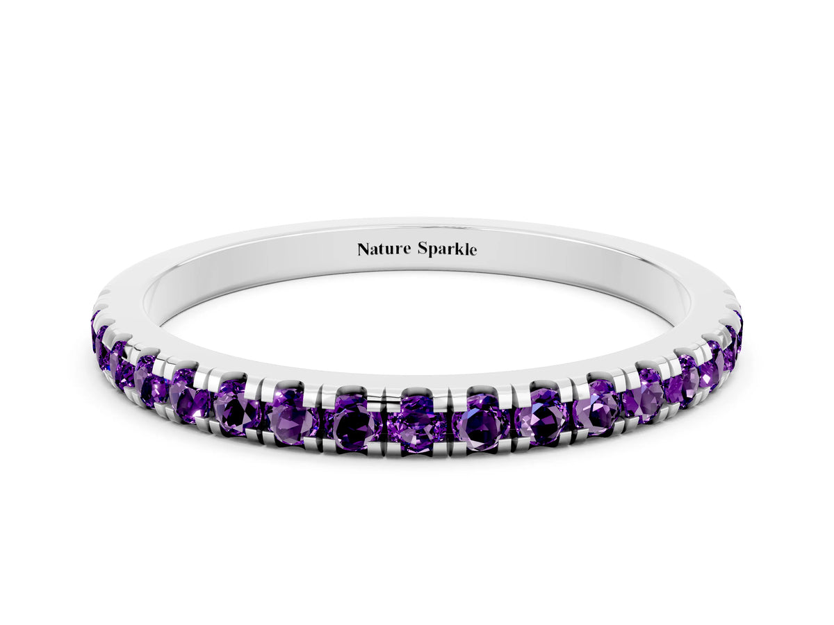 Pavé Round Amethyst Half Eternity Band in Silver with Shared Prong Setting