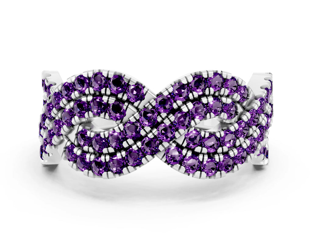 Pavé Round Amethyst Infinity Twist Band in Silver with Shared Prong Setting
