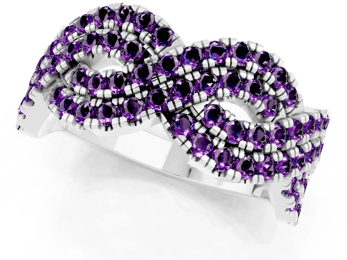 Pavé Round Amethyst Infinity Twist Band in Silver with Shared Prong Setting 