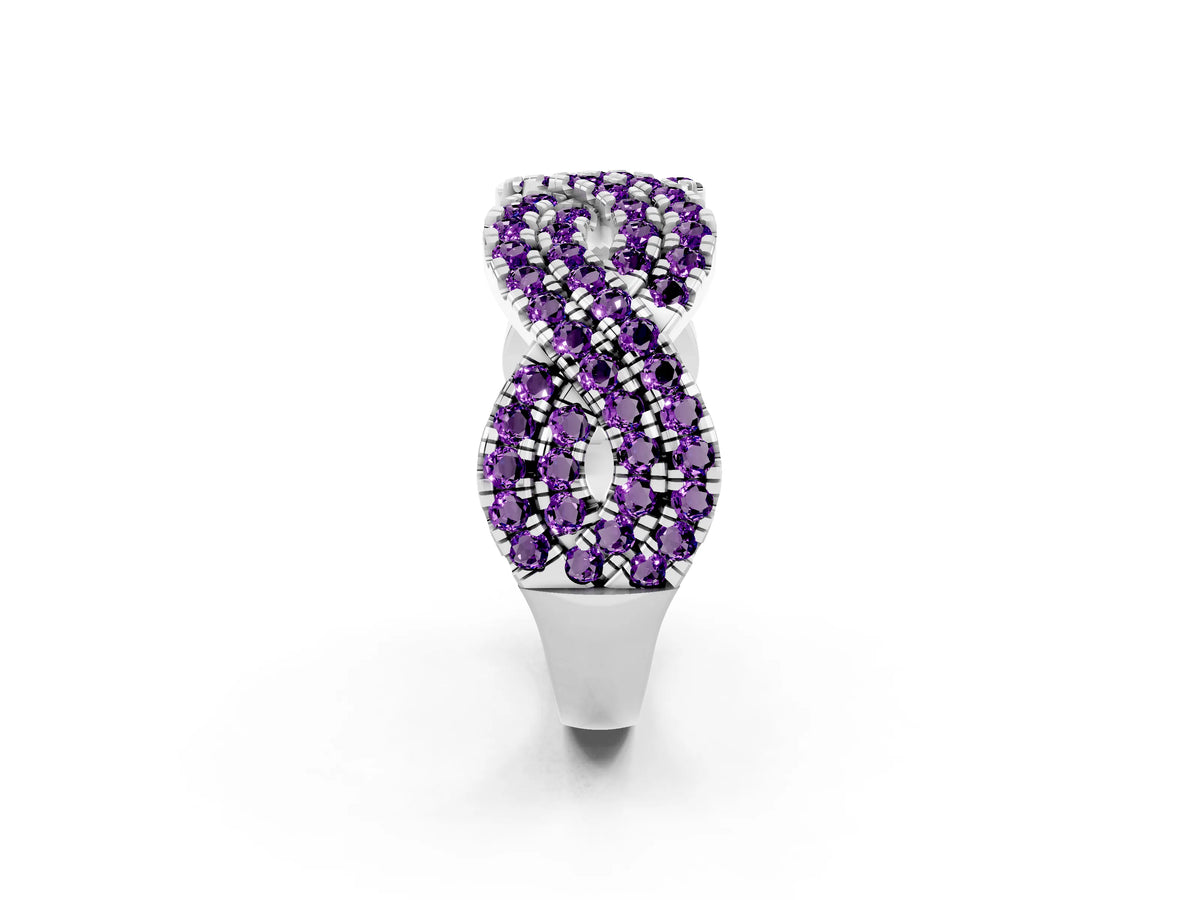 Pavé Round Amethyst Infinity Twist Band in Silver with Shared Prong Setting