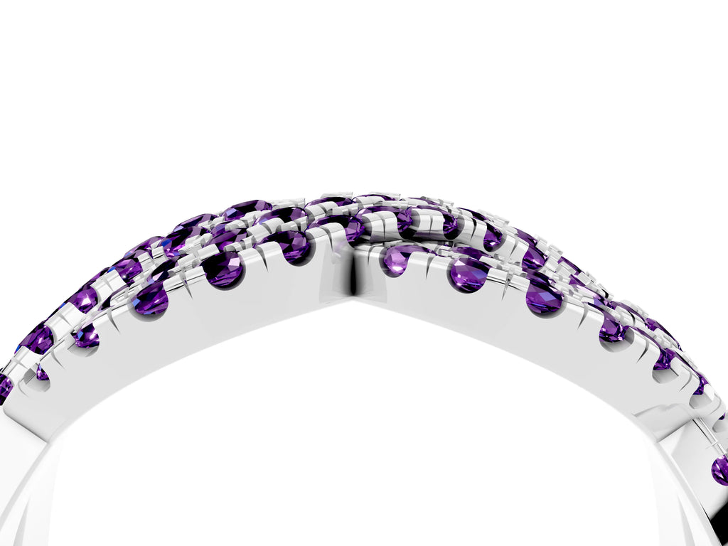 Pavé Round Amethyst Infinity Twist Band in Silver with Shared Prong Setting