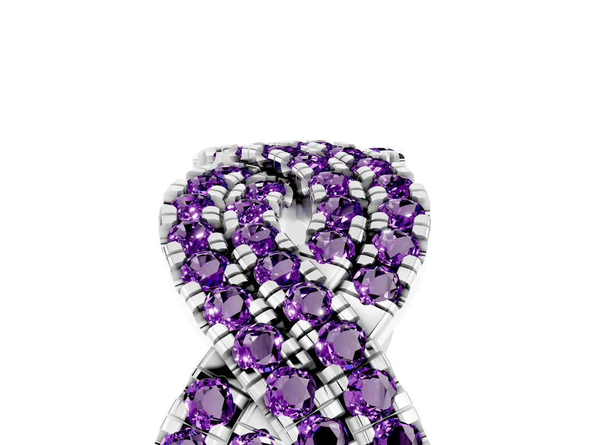 Pavé Round Amethyst Infinity Twist Band in Silver with Shared Prong Setting