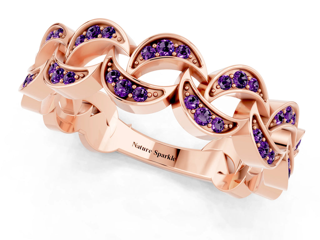 Pavé Round Amethyst Interlocking Eternity Band in Rose gold with Bezel Prong Setting
