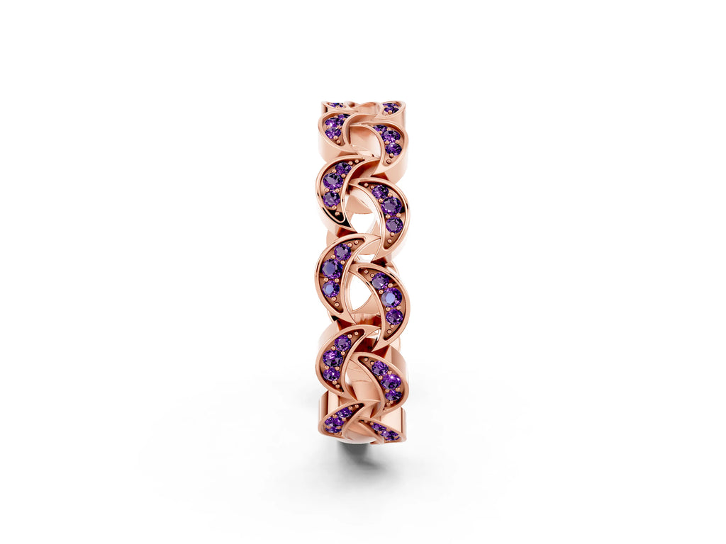 Pavé Round Amethyst Interlocking Eternity Band in Rose gold with Bezel Prong Setting