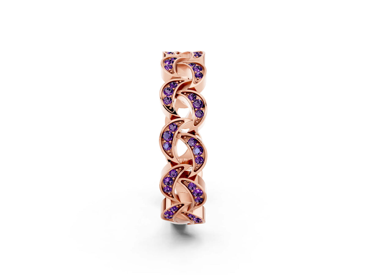 Pavé Round Amethyst Interlocking Eternity Band in Rose gold with Bezel Prong Setting