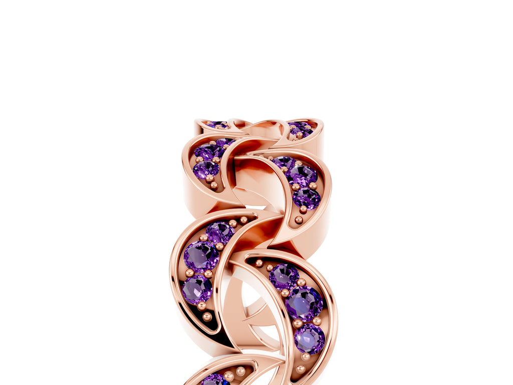 Pavé Round Amethyst Interlocking Eternity Band in Rose gold with Bezel Prong Setting