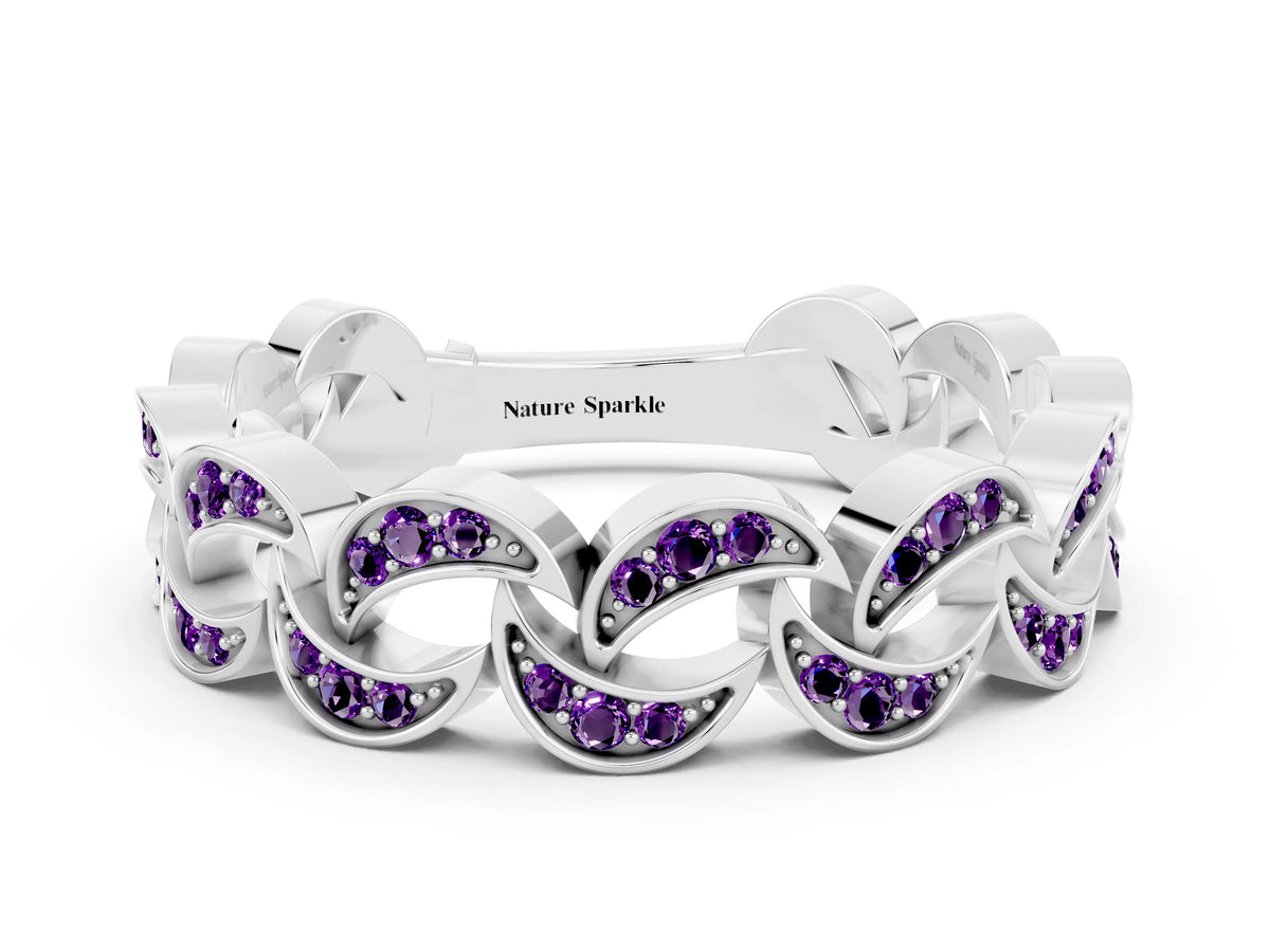 Pavé Round Amethyst Interlocking Eternity Band in White gold with Bezel Prong Setting
