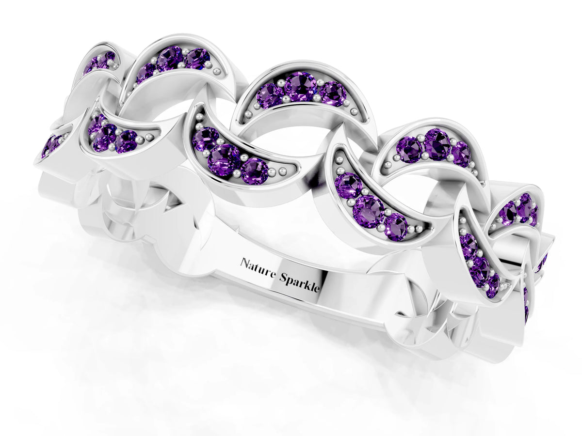 Pavé Round Amethyst Interlocking Eternity Band in White gold with Bezel Prong Setting