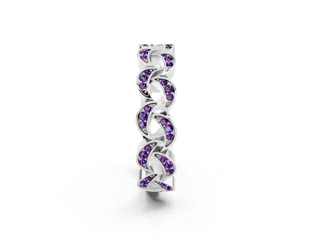 Pavé Round Amethyst Interlocking Eternity Band in White gold with Bezel Prong Setting