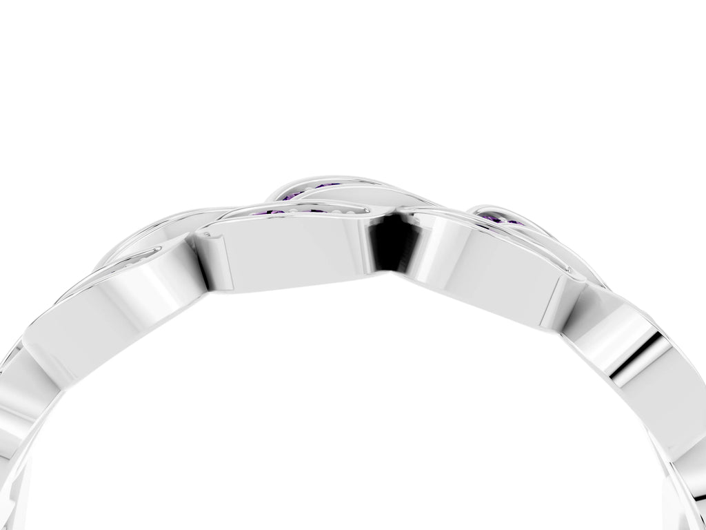 Pavé Round Amethyst Interlocking Eternity Band in White gold with Bezel Prong Setting
