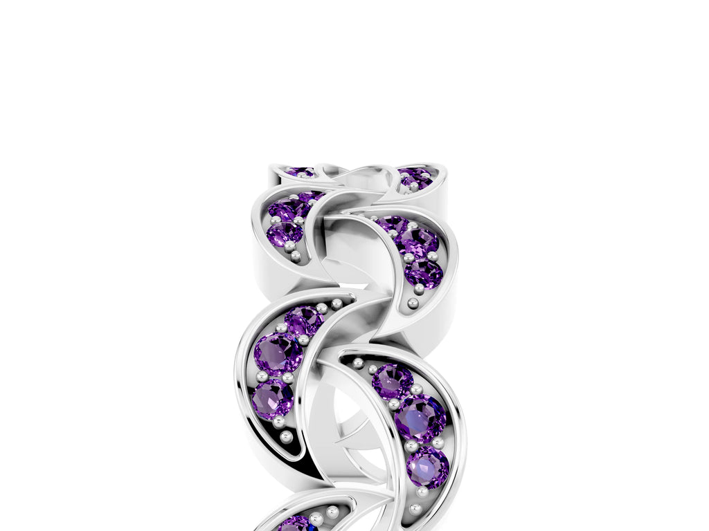 Pavé Round Amethyst Interlocking Eternity Band in White gold with Bezel Prong Setting