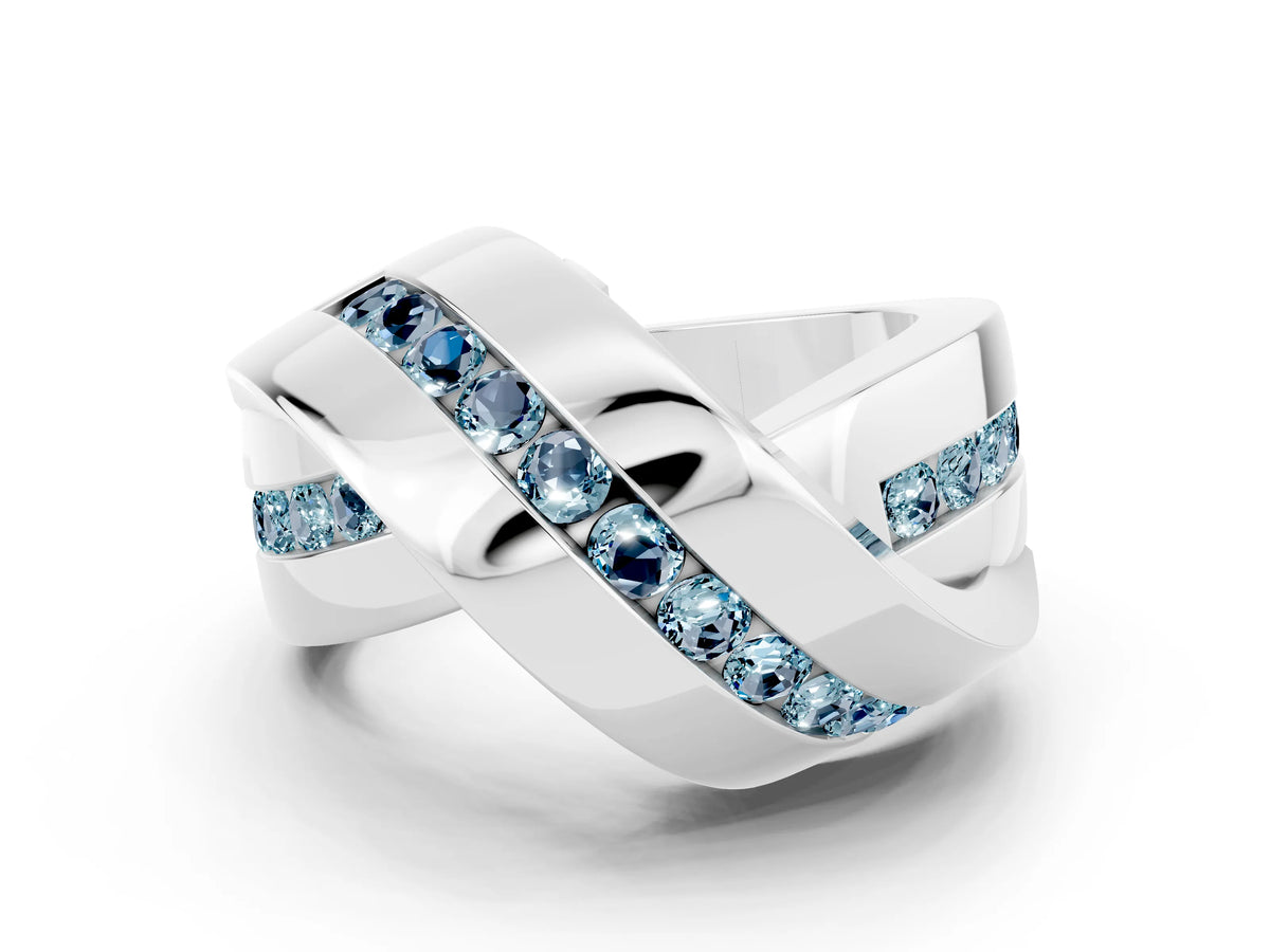 Pavé Round Aquamarine Crossover Band in Silver with Channel Setting