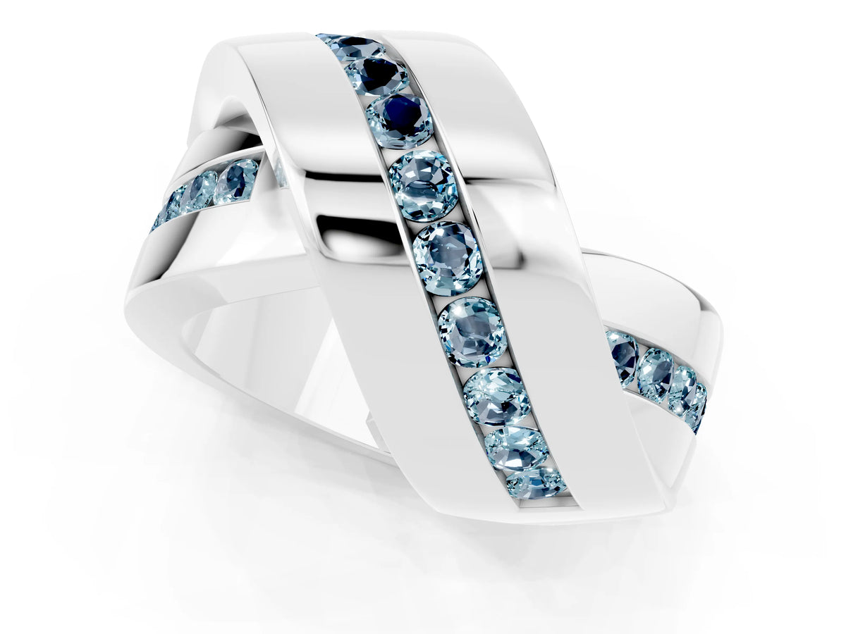 Pavé Round Aquamarine Crossover Band in Silver with Channel Setting