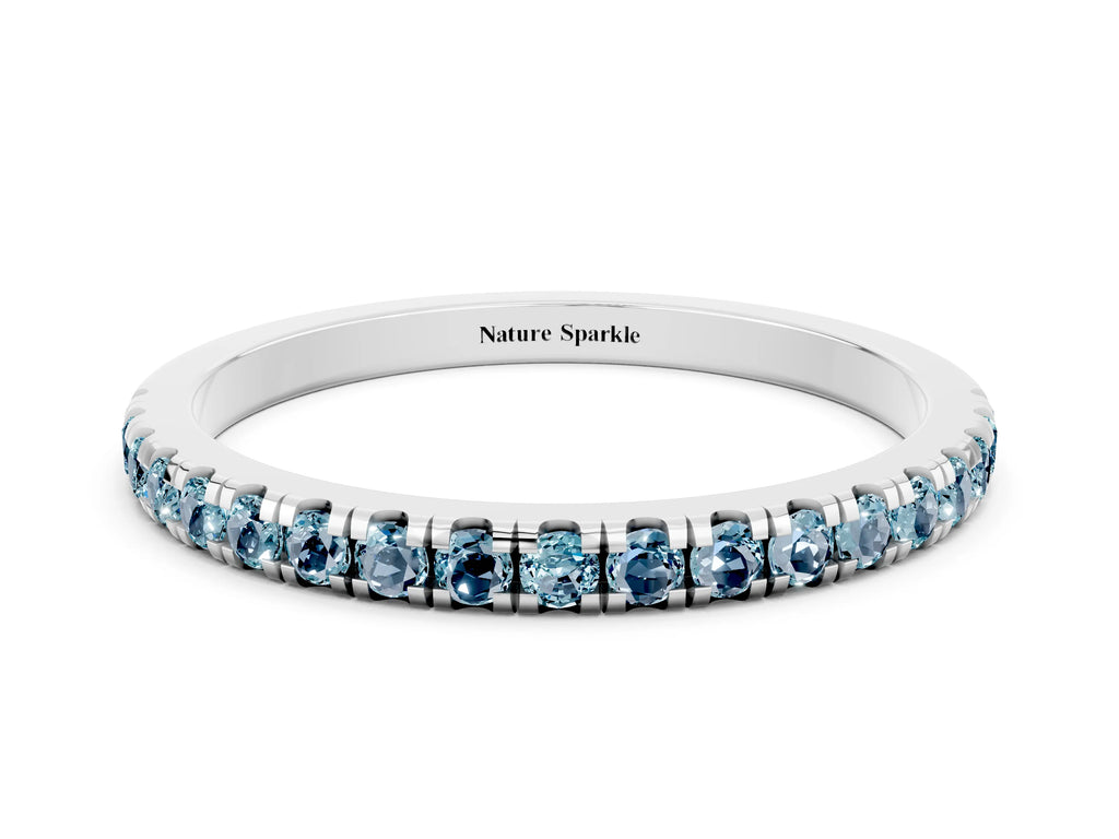 Pavé Round Aquamarine Half Eternity Band in Silver with Shared Prong Setting