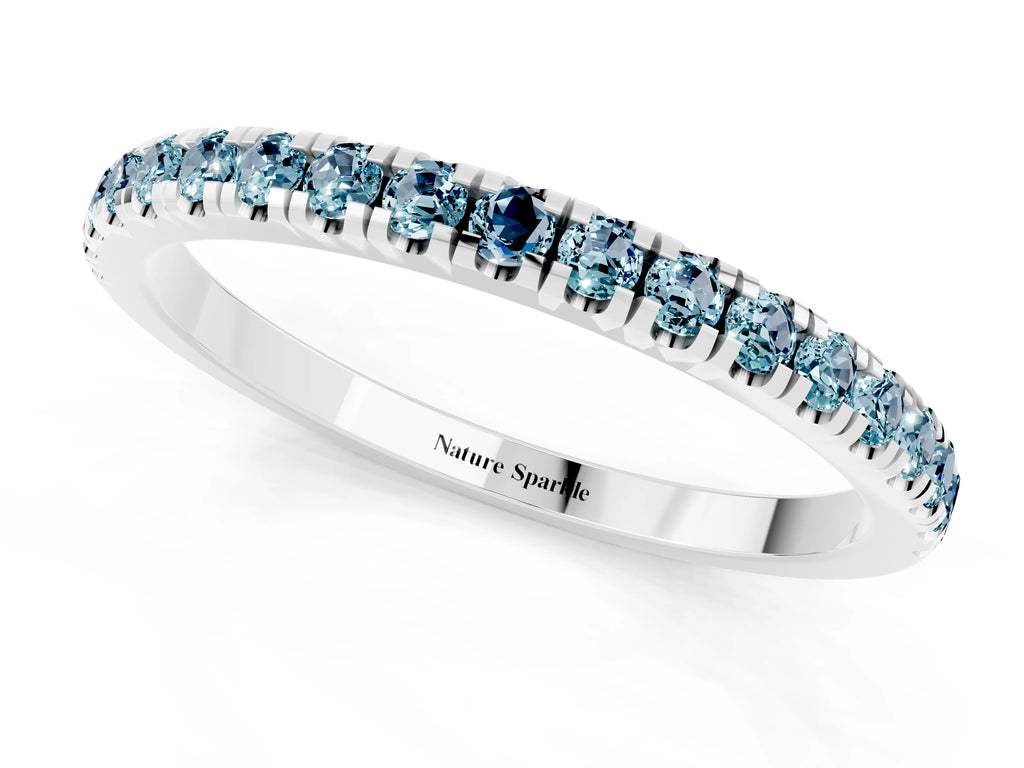 Pavé Round Aquamarine Half Eternity Band in Silver with Shared Prong Setting