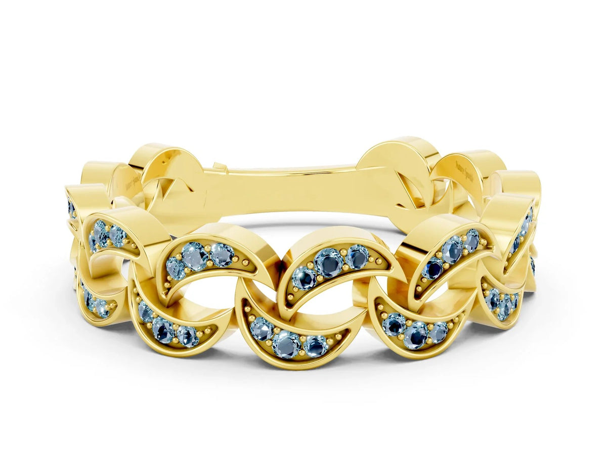 Pavé Round Aquamarine Interlocking Eternity Band in Yellow gold with Bezel Prong Setting 