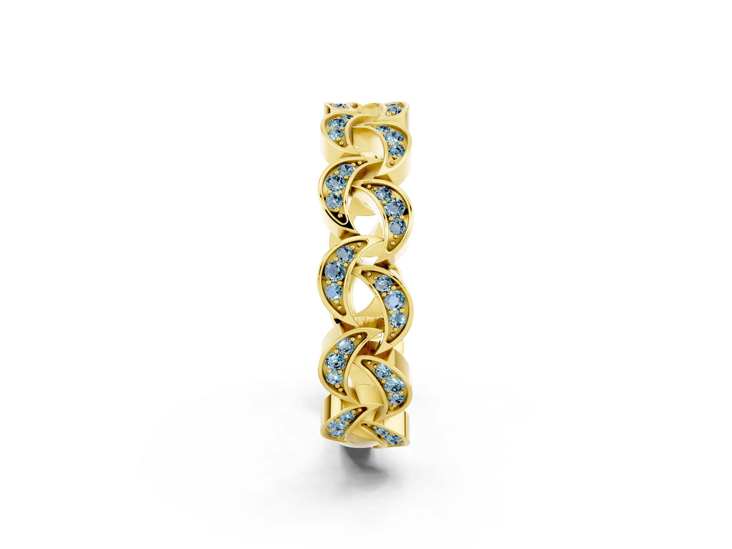 Pavé Round Aquamarine Interlocking Eternity Band in Yellow gold with Bezel Prong Setting