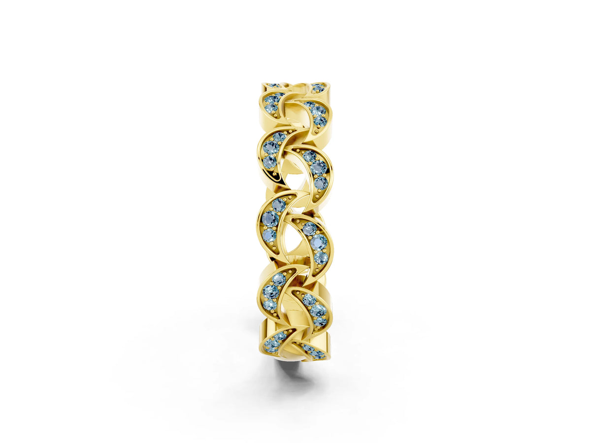 Pavé Round Aquamarine Interlocking Eternity Band in Yellow gold with Bezel Prong Setting