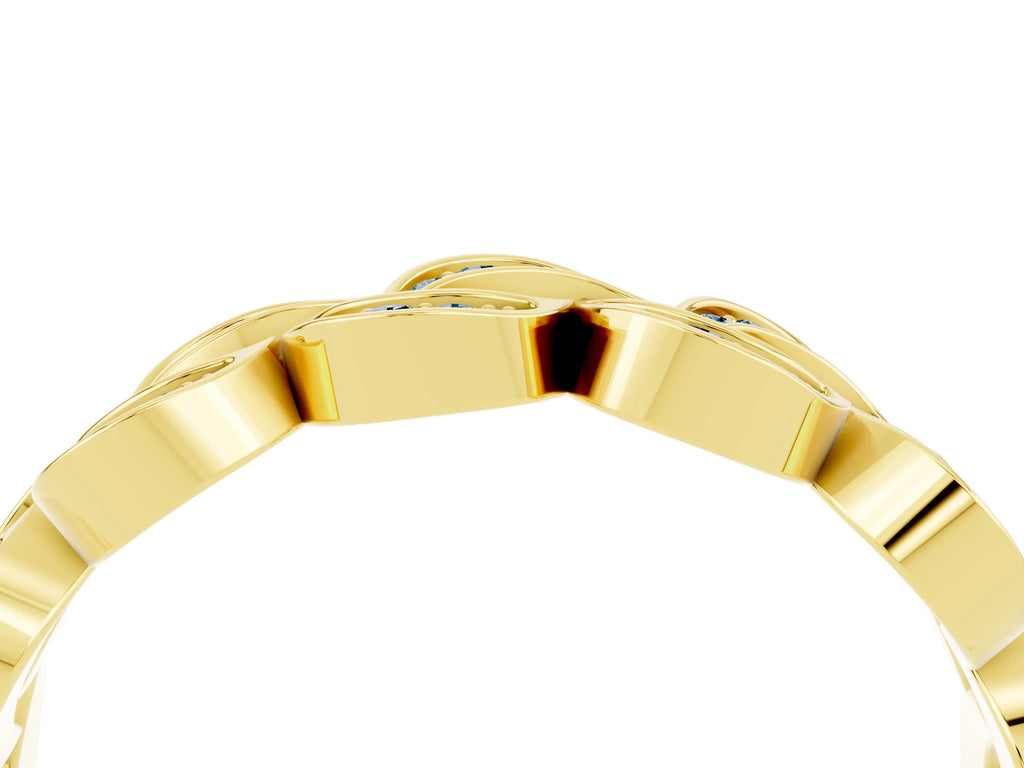 Pavé Round Aquamarine Interlocking Eternity Band in Yellow gold with Bezel Prong Setting