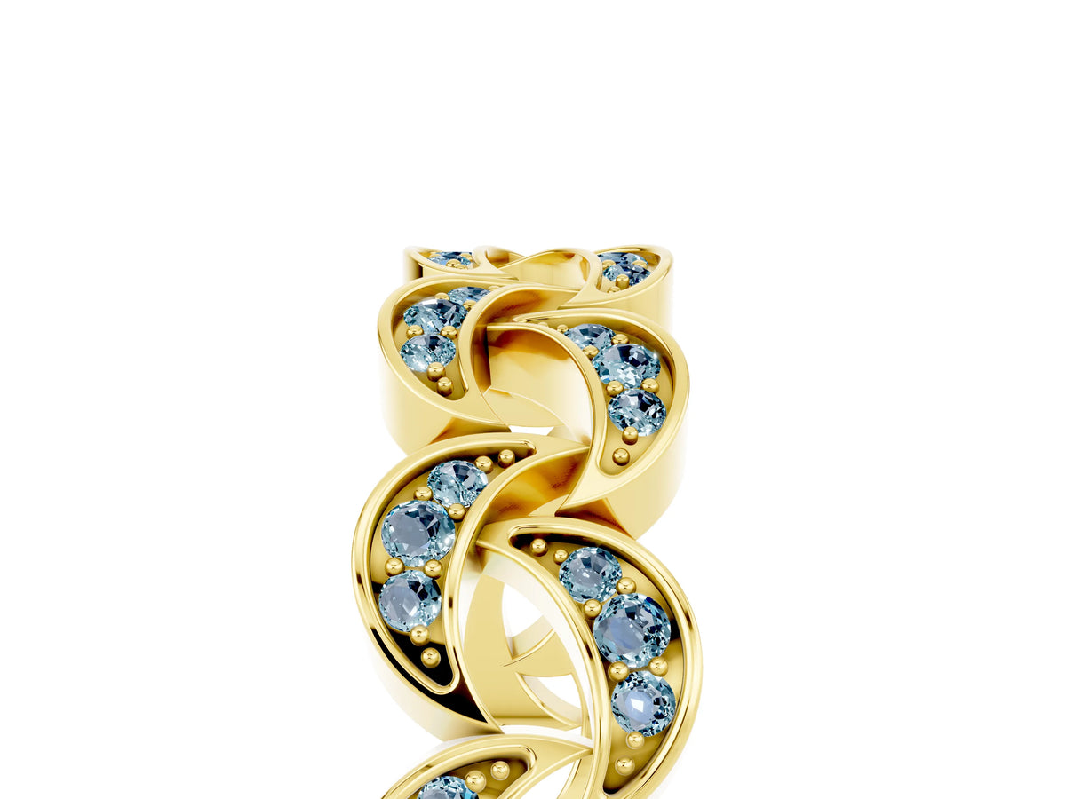 Pavé Round Aquamarine Interlocking Eternity Band in Yellow gold with Bezel Prong Setting