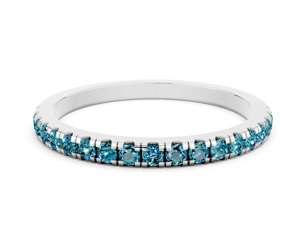 Pavé Round Blue Topaz Half Eternity Band in Silver with Shared Prong Setting 