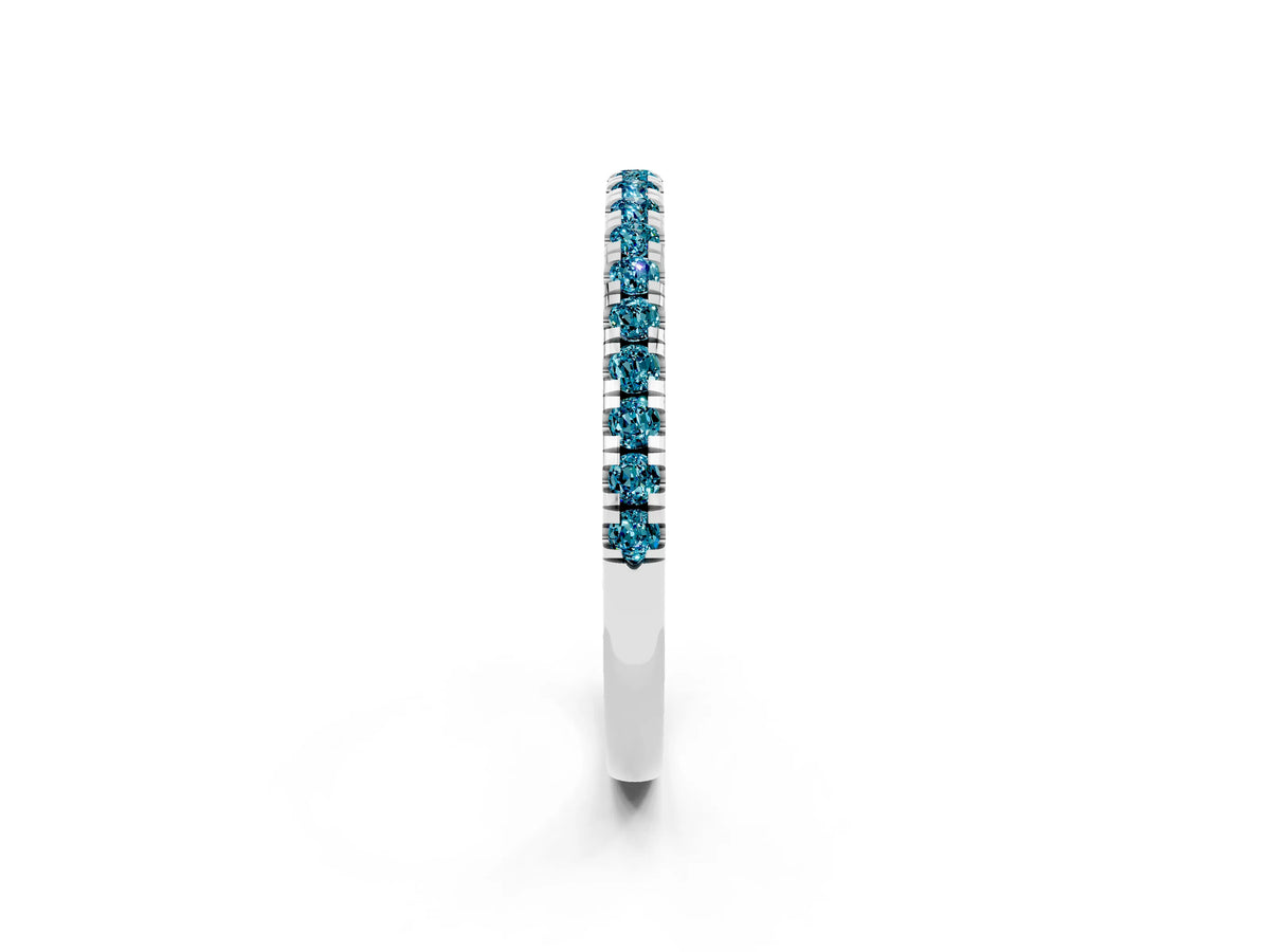Pavé Round Blue Topaz Half Eternity Band in Silver with Shared Prong Setting